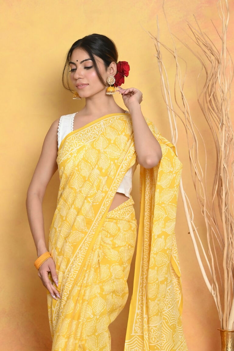 Very Much Indian Handblock Printed Cotton Saree With Natural Dyes - Yellow | Swadesiicart