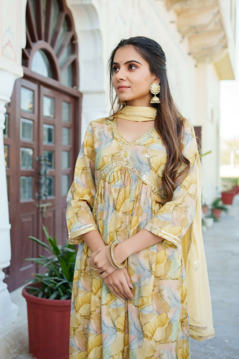 Vaasva Women Yellow Muslin Embroidered Kurta, Pant & Dupatta Set | Swadesiicart
