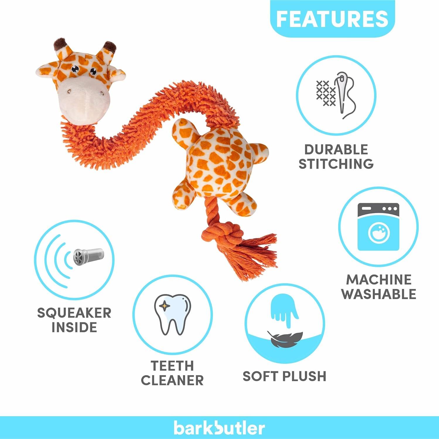 BarkButler Garry The Giraffe Soft Squeaky Plush Dog Toy - Orange