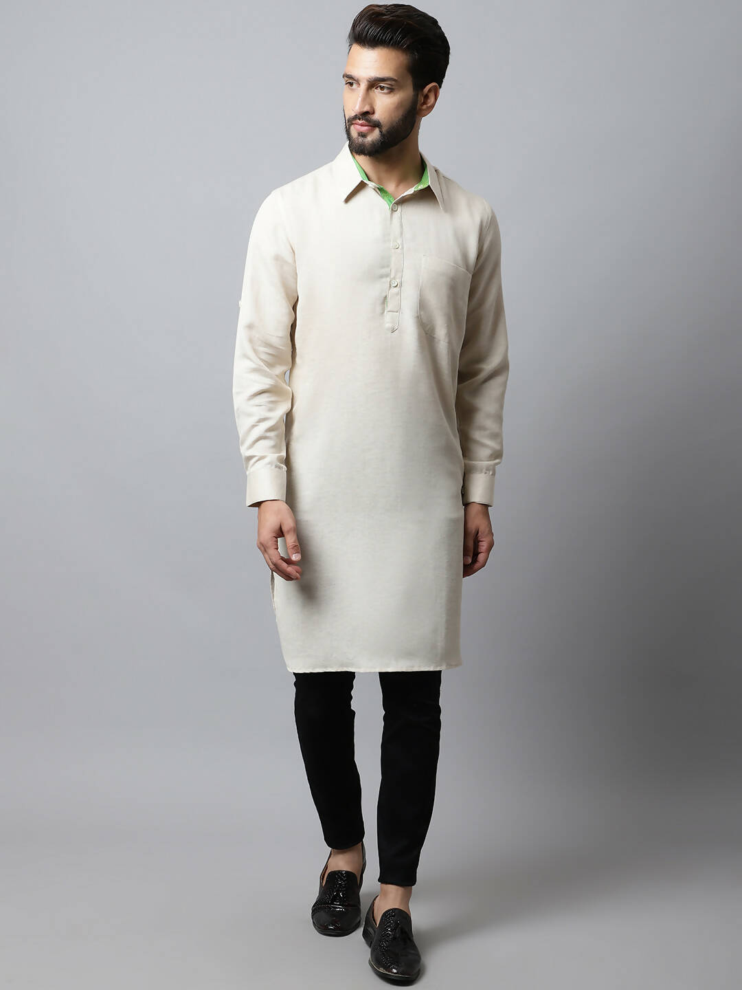 Even Apparels Cream Color Cotton Solid Men's Kurta With Shirt Collar (LN027) | Swadesiicart