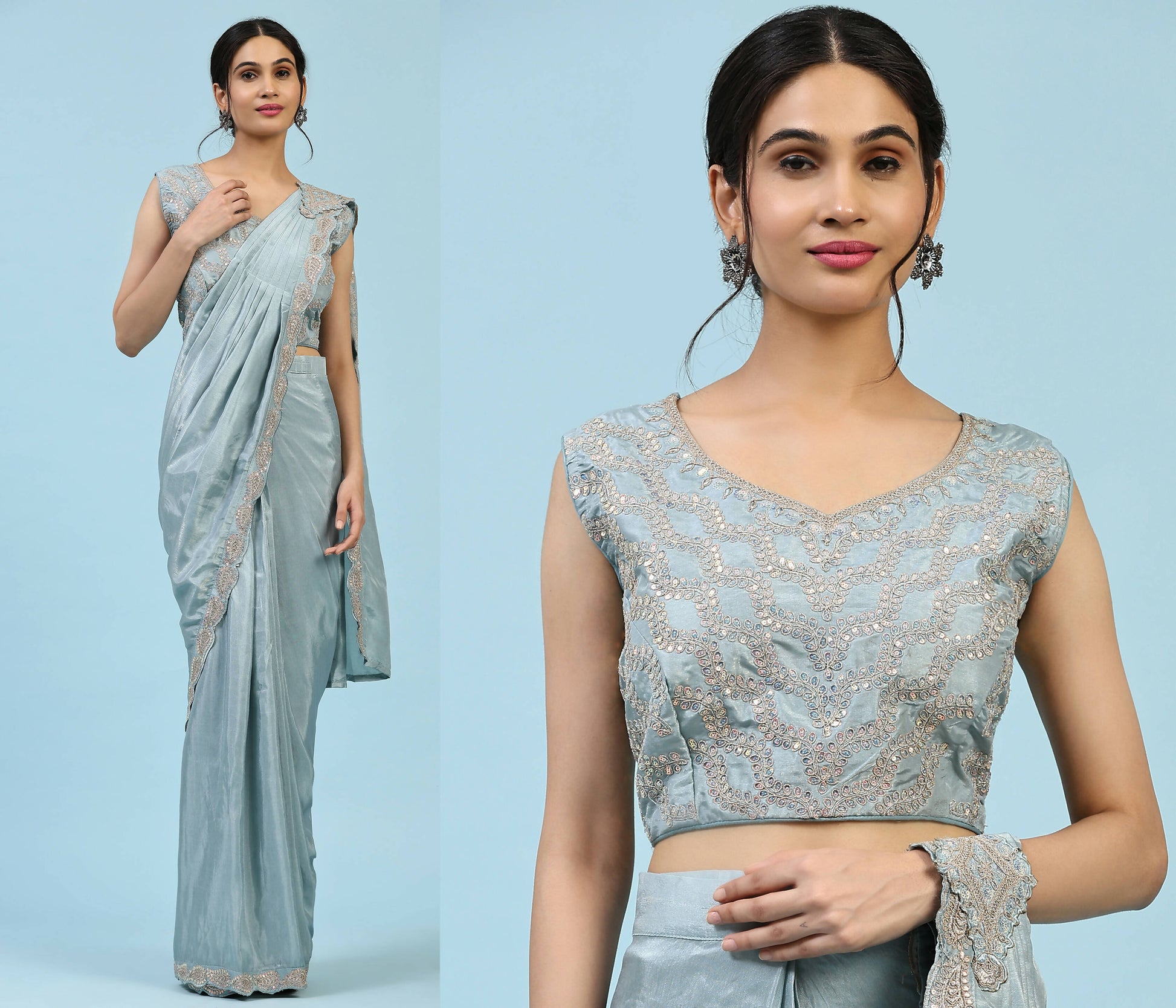 Sky Blue Silk Satin Plain Ready to wear Saree with stitched Blouse - Vrinda | Swadesiicart