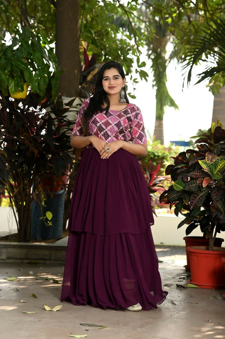 Jyoti Fashion Women's Wine Printed with Sequins Faux Blooming Anarkali Dress | Swadesiicart