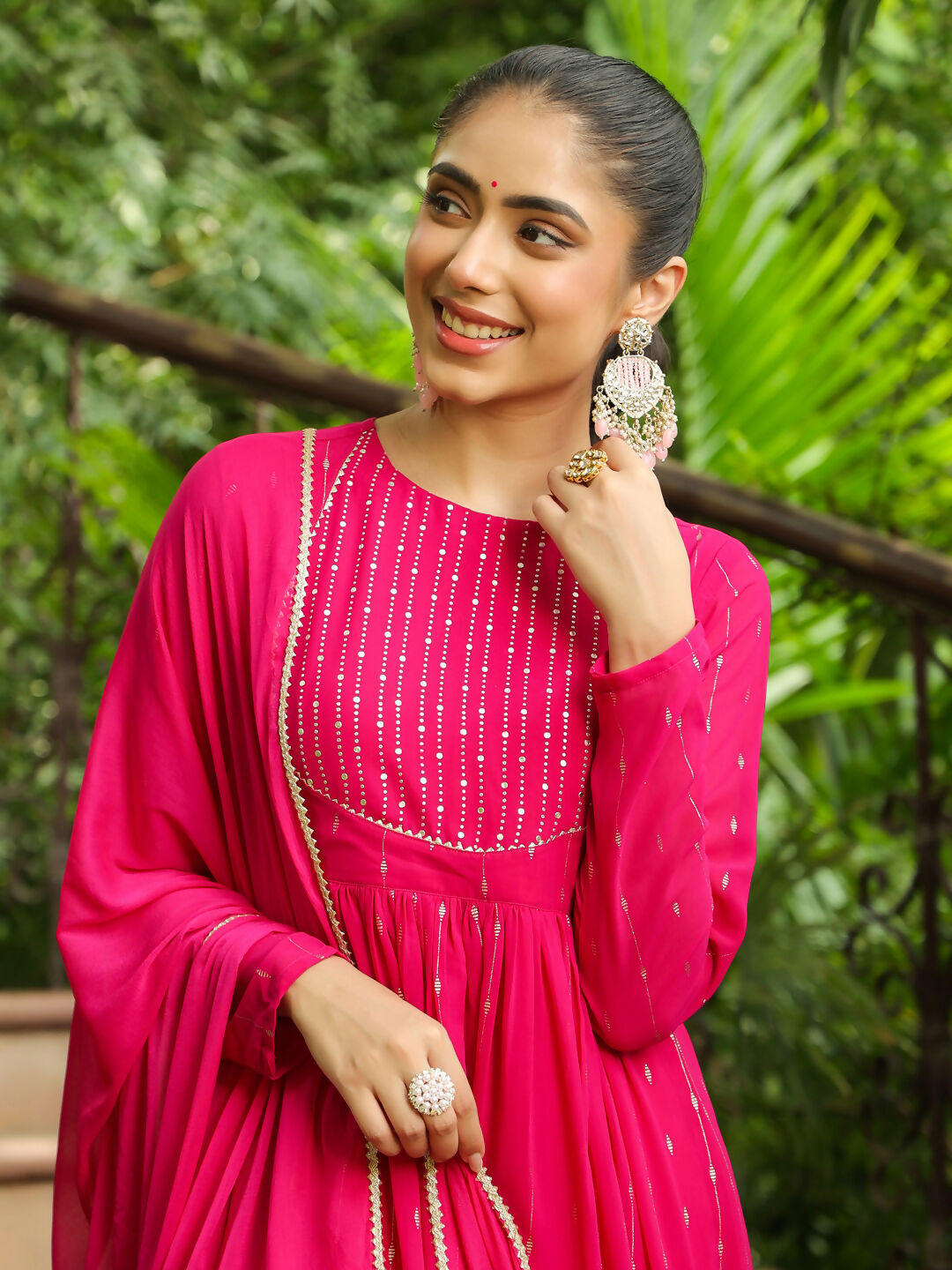 Janasya Pink Georgette Foil Print Kurta,Bottom & Dupatta | Swadesiicart