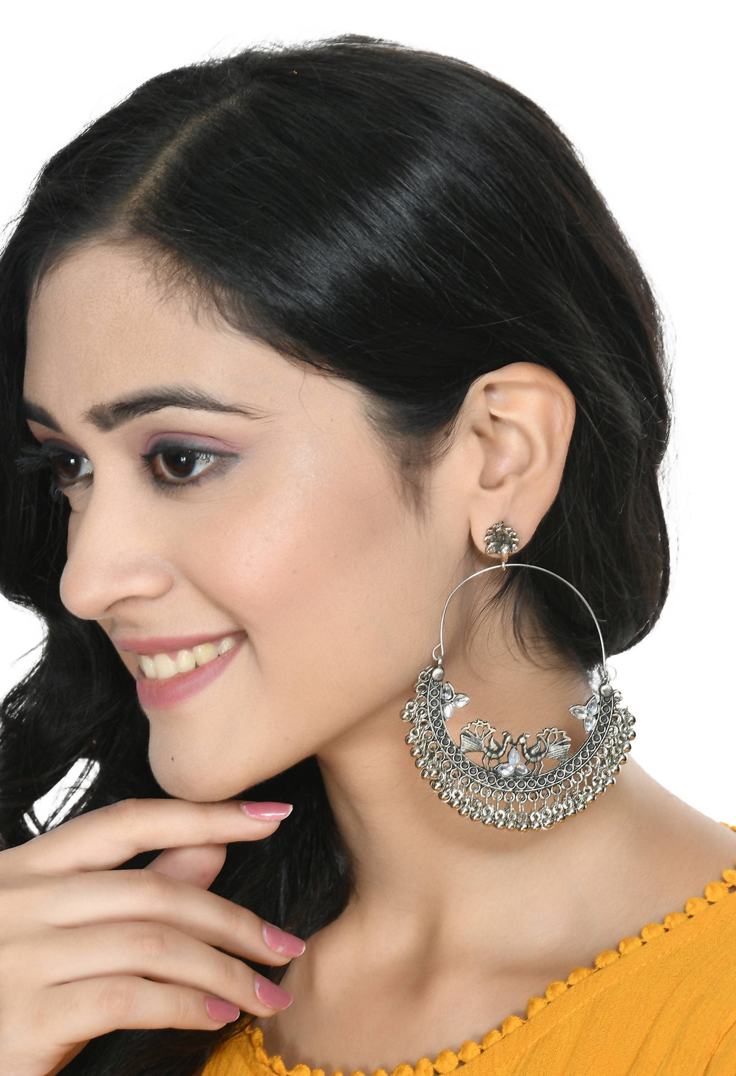 Mominos Fashion Johar Kamal Silver Peacock Design Chandbali Earrings - Swadesiicart