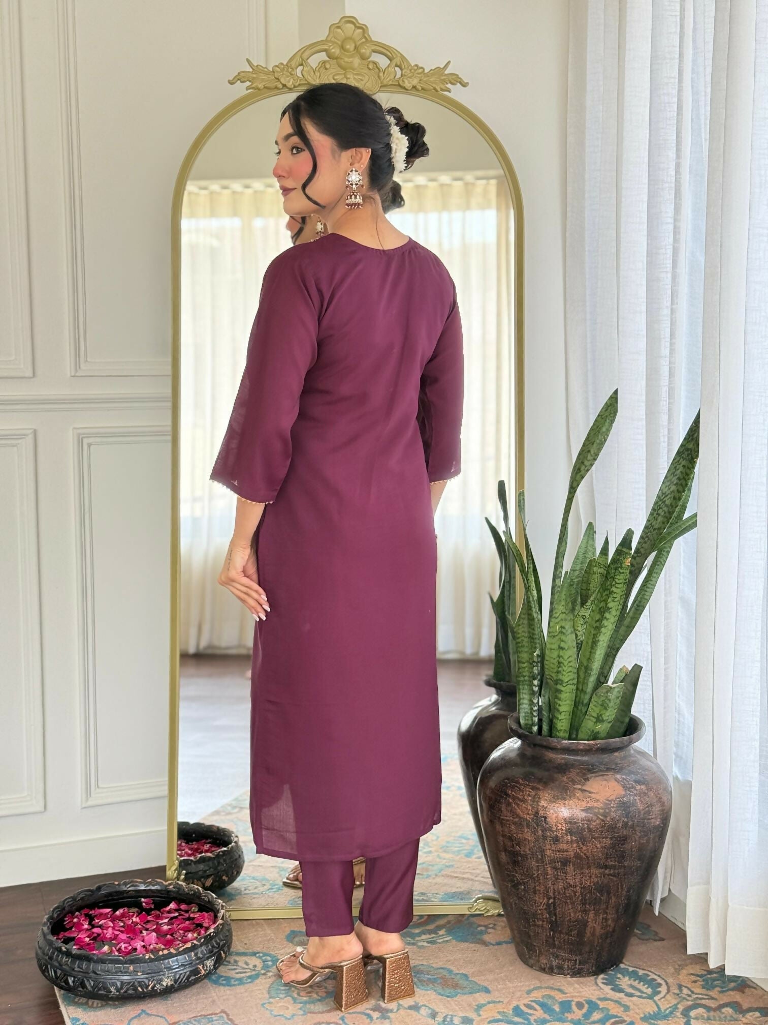 The52 Wine Women's Gorgeous Rayon Fabric Embroidered Work Straight Kurta Pant and Dupatta Set - Swadesiicart