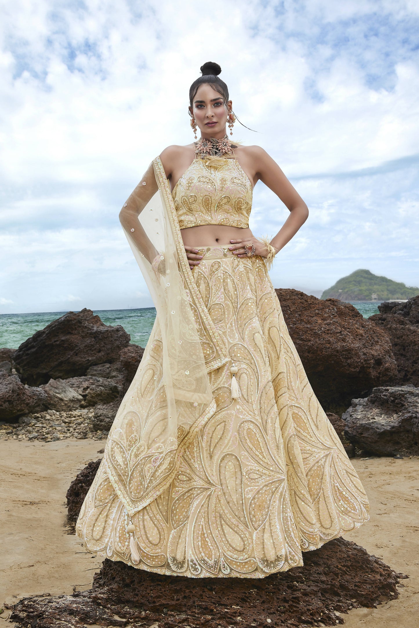 House of Panchhi Cream Net Multi Sequins with heavy Zarkan embroidery Lehenga choli & Dupatta | Swadesiicart