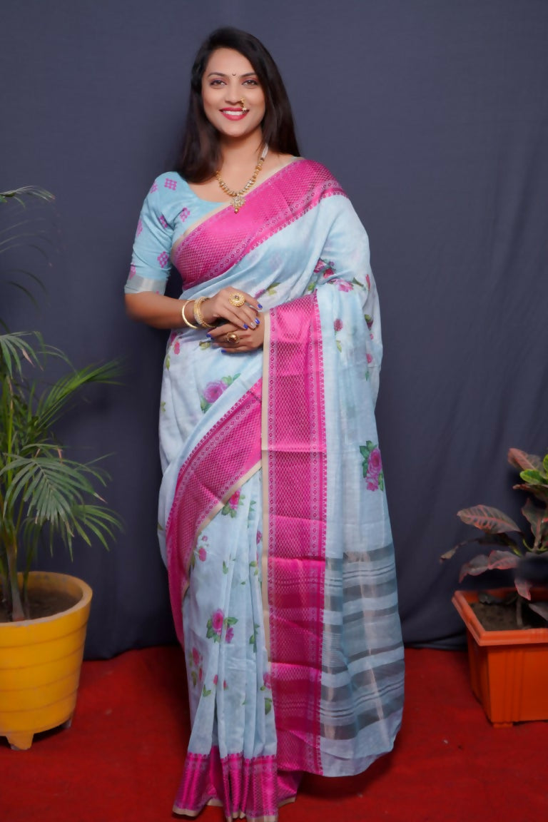 Jyoti Fashion Women's Pink Linen Silk Digital Print with Jacquard Woven Border Saree with Blouse | Swadesiicart