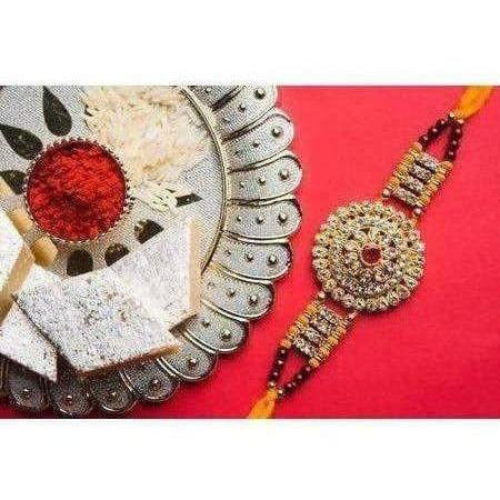 Stones Designer Rakhi with Kaju Katli Sweet | Swadesiicart