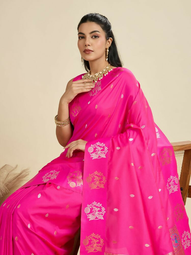 Vishnu Weaves Women's Pink Banarasi Silk Zari Woven Saree with Blouse - Swadesiicart