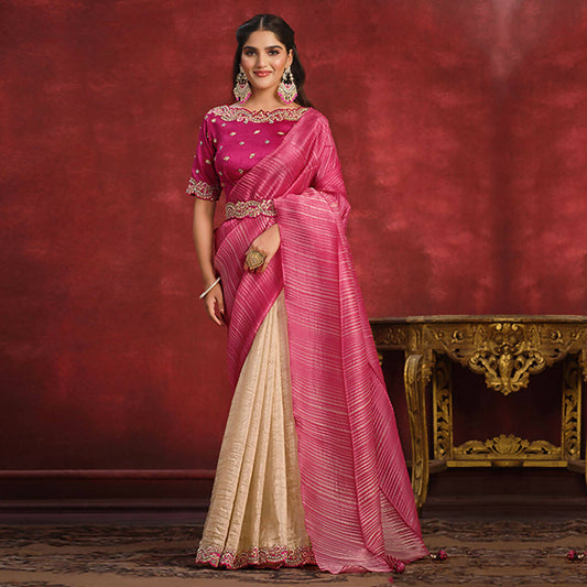 Pink & Beige Banarasi Crush Silk Sequence Thread & Stone Work/ Texture Pallu Saree - Mohmanthan Kimiya | Swadesiicart