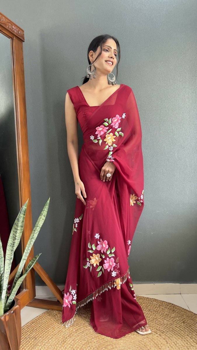 Aayaa Designer 1 min Hand Painted Ready to Wear saree - Maroon | Swadesiicart