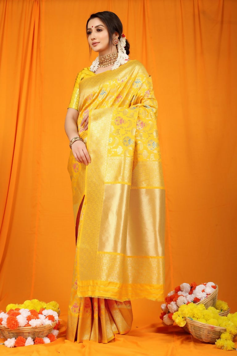 Jyoti Fashion Women's Yellow Kanjivaram Silk Zari Woven Saree with Blouse | Swadesiicart