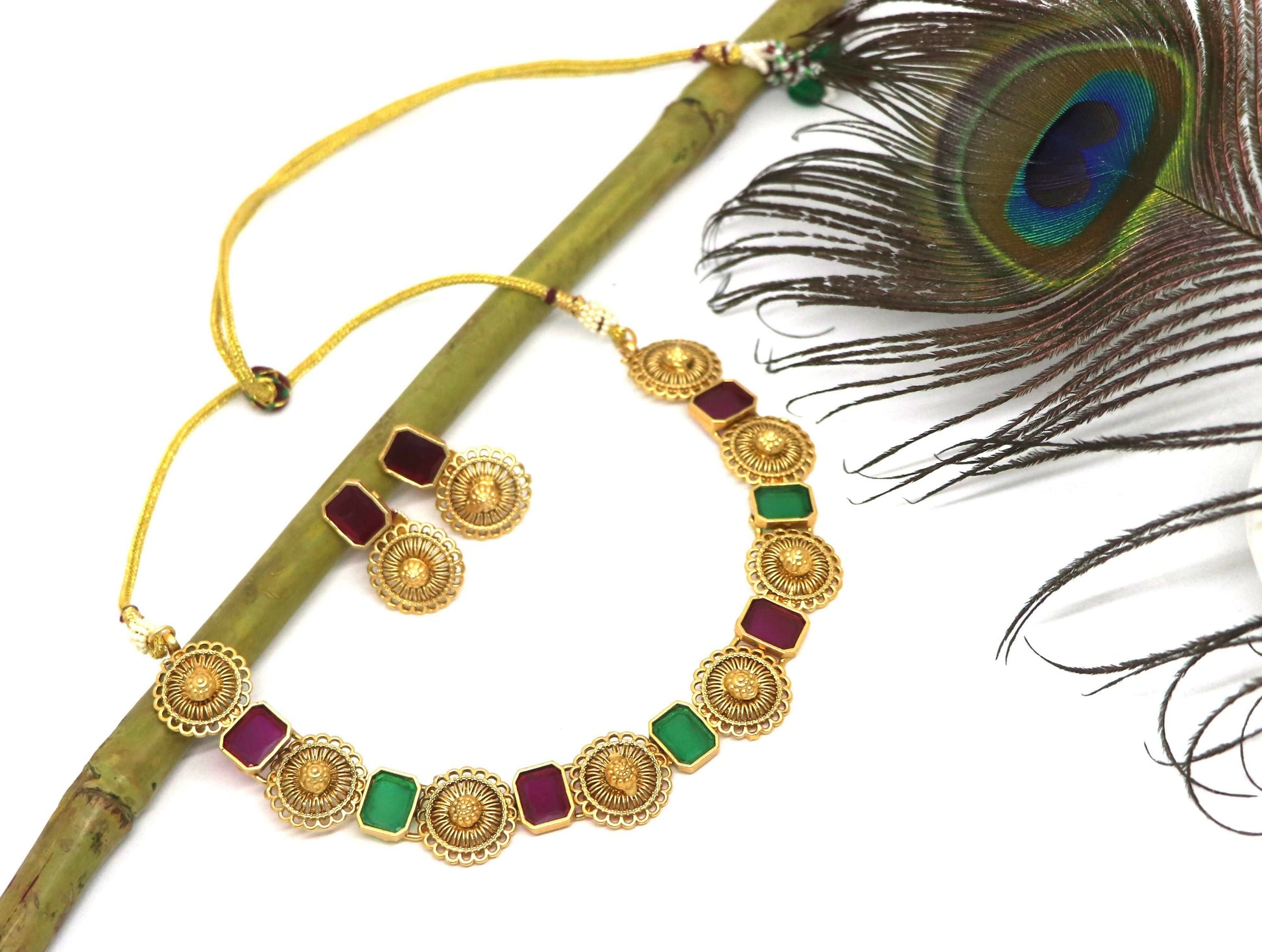 Joban Fashion Maroon & Green Pure Brass With Rajwadi Polish Necklace Set | Swadesiicart