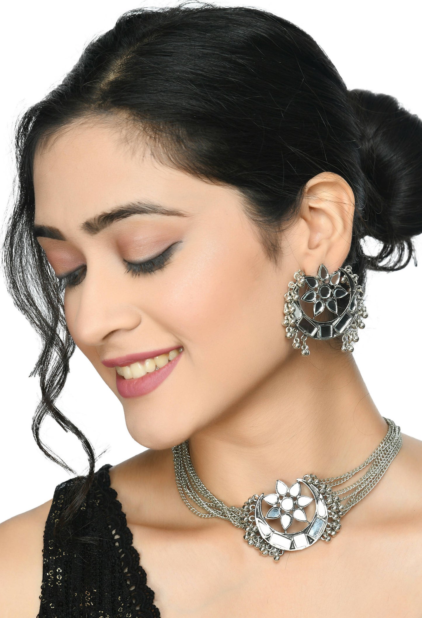Mominos Fashion Johar Kamal Silver-Plated Brass Finish Mirror Work Choker For Women | Swadesiicart