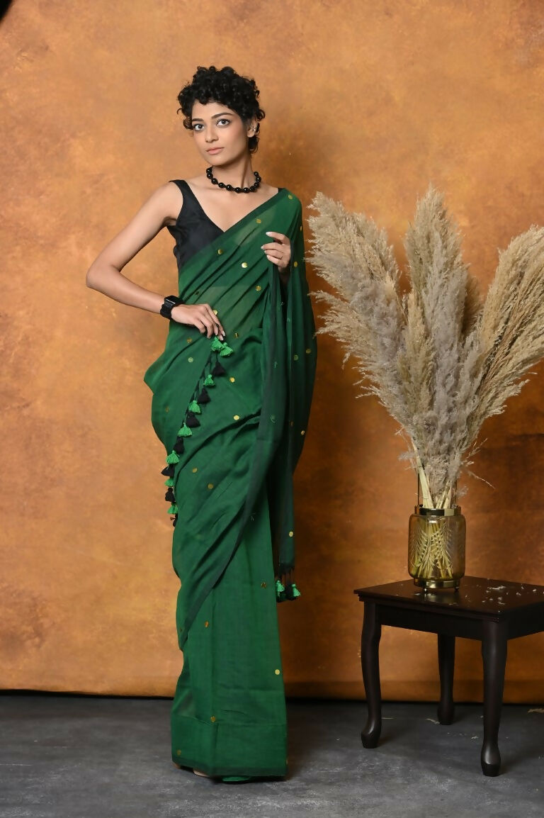 Very Much Indian Pure Mul Cotton Handloom Saree - Green | Swadesiicart