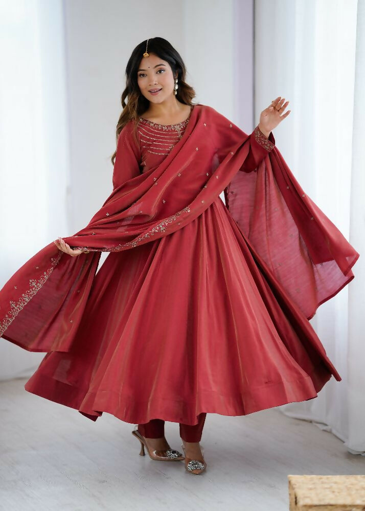 Joban Fashion Maroon Kurta Set Chanderi Sequence Embroidery Work - Swadesiicart