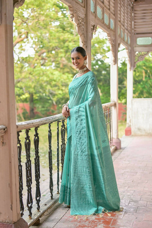 Vishnu Weaves Women's Sea-Green Handloom Raw Silk Woven Border Saree with Blouse - Swadesiicart