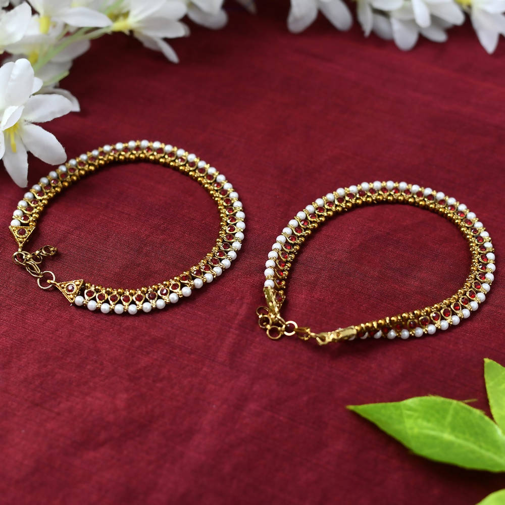 Mominos Fashion Kamal Johar Red Kundan Anklets | Swadesiicart