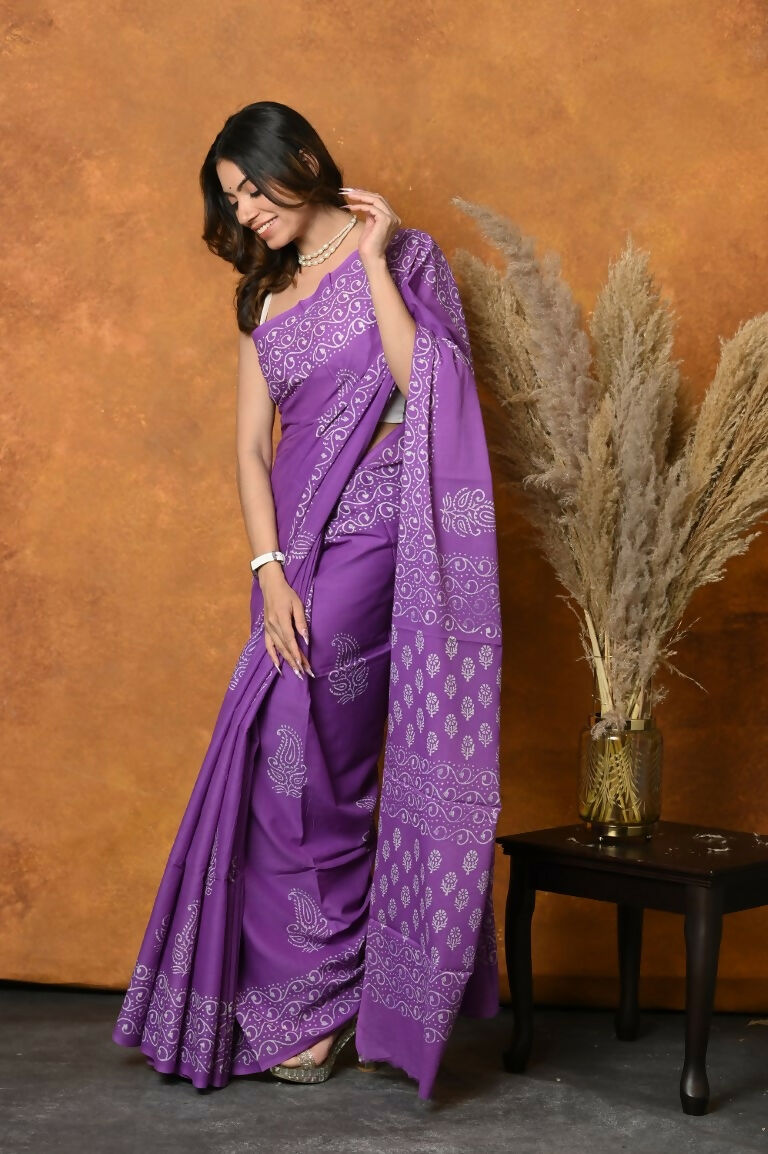 Very Much Indian Handblock Printed Cotton Saree With Natural Dyes - Purple | Swadesiicart