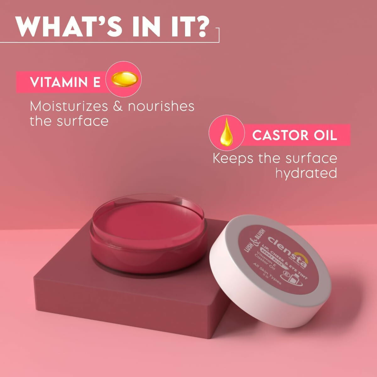 Clensta Lip Cheek Tint - Berry Bliss with Goodness of Vitamin E & Castor Oil - Swadesiicart
