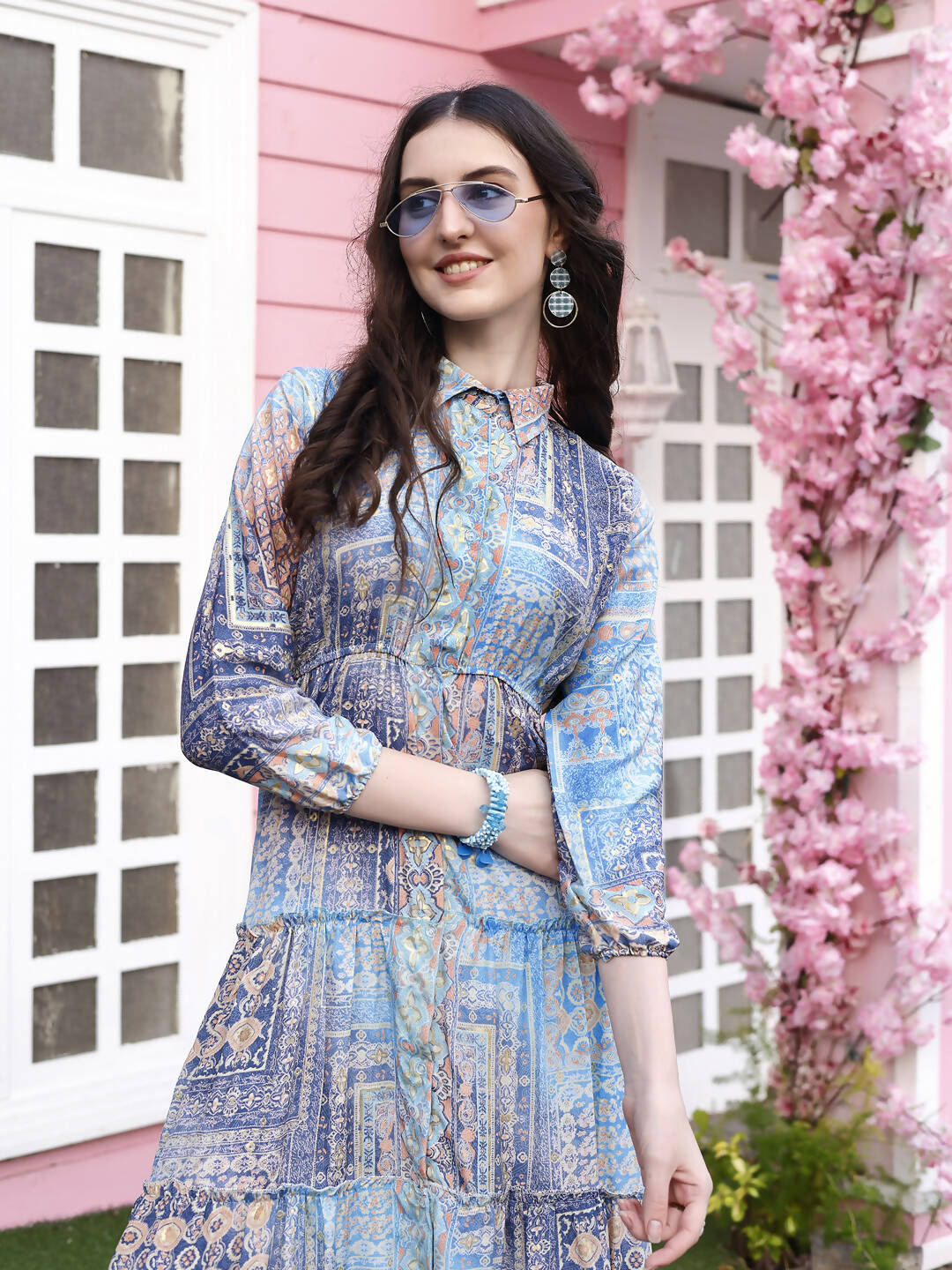 Light Blue Crepe Foil Printed Long Dress - Michan | Swadesiicart