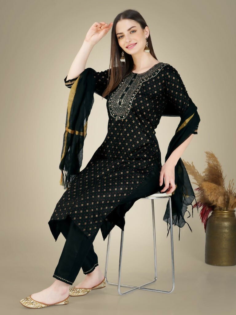 Jyoti Fashion Women's Black Cotton Magic Slub Embroidery & Sequence work Kurta with Trouser & Dupatta | Swadesiicart