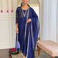 The52 Blue Women's Beautiful Embroidered Vichitra Silk Fabric with Flared Kurta, Pant and Dupatta Set - Swadesiicart