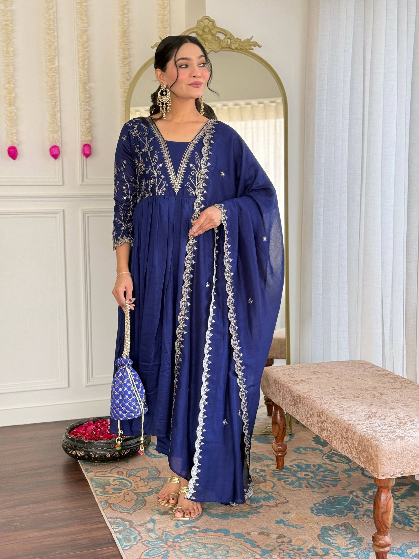 The52 Blue Women's Beautiful Embroidered Vichitra Silk Fabric with Flared Kurta, Pant and Dupatta Set - Swadesiicart
