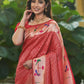 Vishnu Weaves Women's Red Paithani Silk Minakari Zari Woven Saree with Unstitched Blouse - Swadesiicart