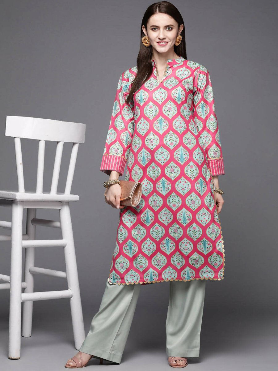 Ahalyaa Women Pink & Sea Green Floral Printed Gotta Patti Velvet Kurta | Swadesiicart