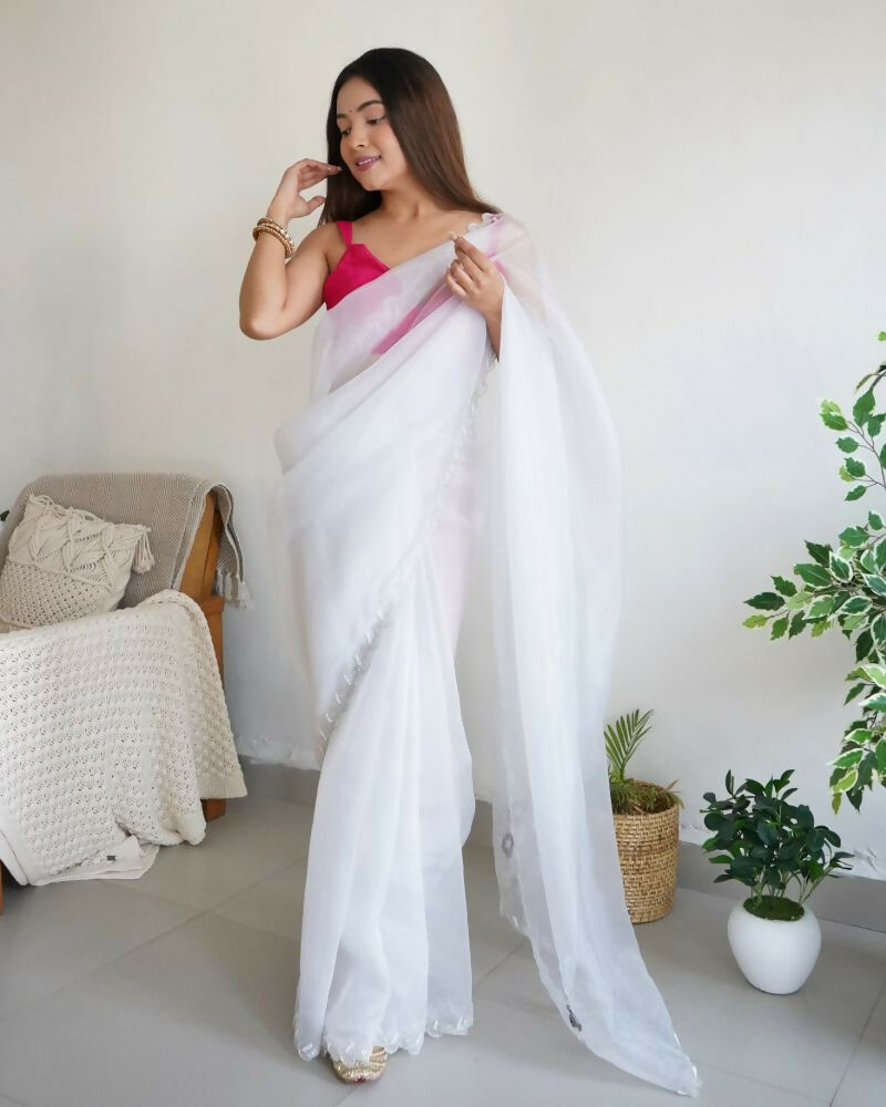 Vamsee Sheetal White Organza Saree - Swadesiicart