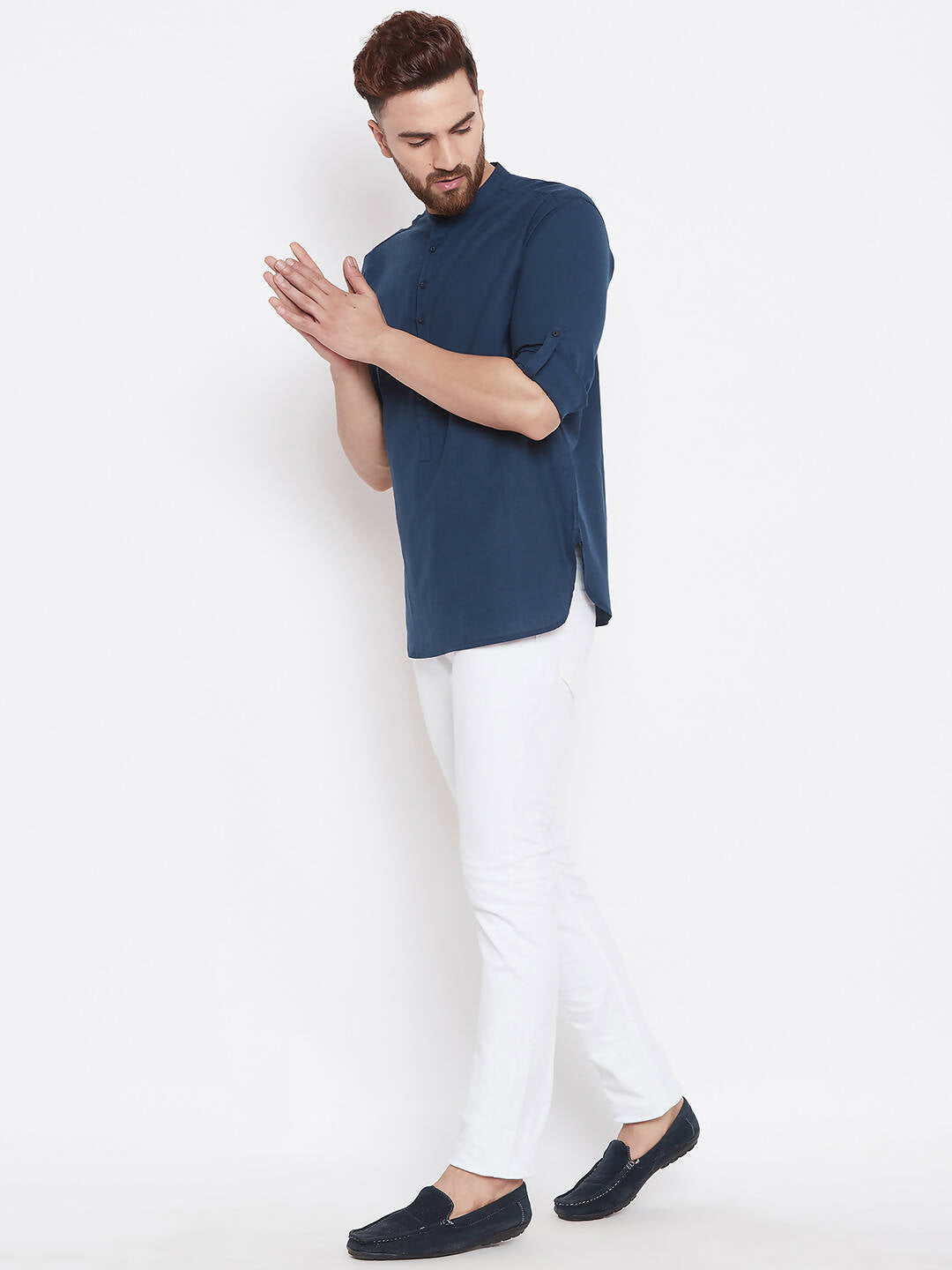 Even Apparels Blue Color Men's Pure Cotton Kurta With Band Collar | Swadesiicart