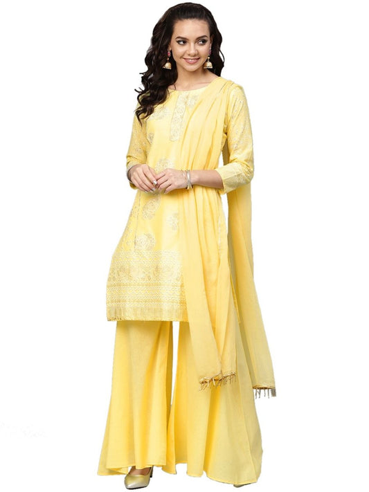 Ahalyaa Women's Cotton Blend Yellow Glitter Print Kurta Sharara Set With Dupatta | Swadesiicart