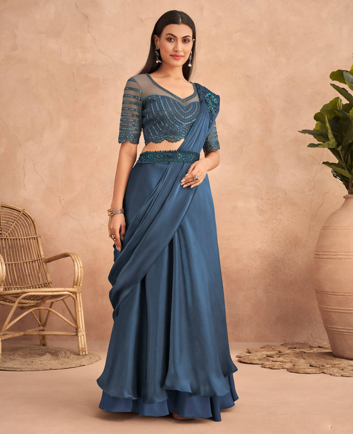 Navy Blue Satin Embroidered Ready To Wear Saree With Unstitched Blouse Piece - Nandika | Swadesiicart