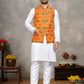 Anaita Orange Cotton Straight Kurta Pajama & Koti With Jequard Work