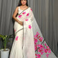 Exclusive Collection Beautiful White Pink Pure Cotton Hand Print Handloom Saree With Running Blouse Piece - Swadesiicart