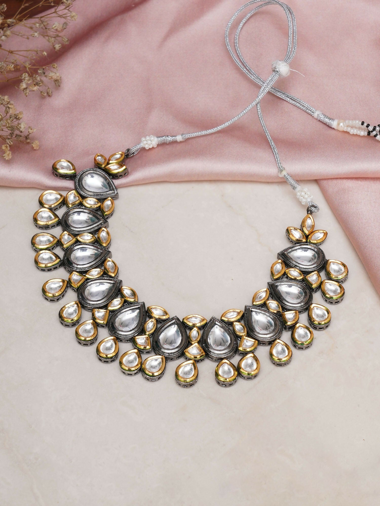 Dual Tone Kundan Neckpiece (silver) - Ruby Raang | Swadesiicart