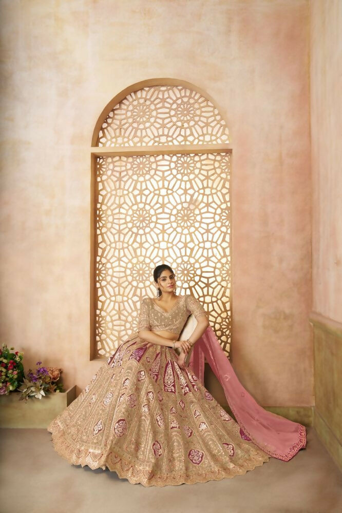 Kesar Fab Chiku Banarasi Silk Embroidered Lehenga | Swadesiicart