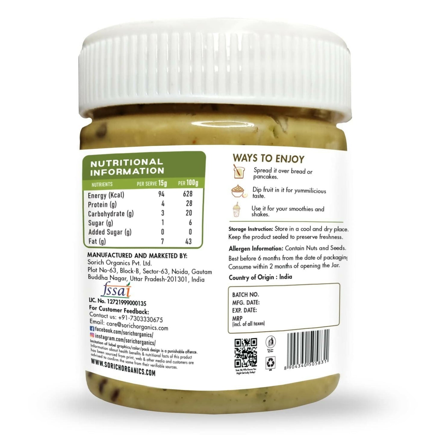 Sorich Organics Seed Peanut Crunchy Butter - Swadesiicart