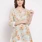 Myshka Women's Off White Cotton 3/4 Sleeve Round Neck Printed Casual Tunic