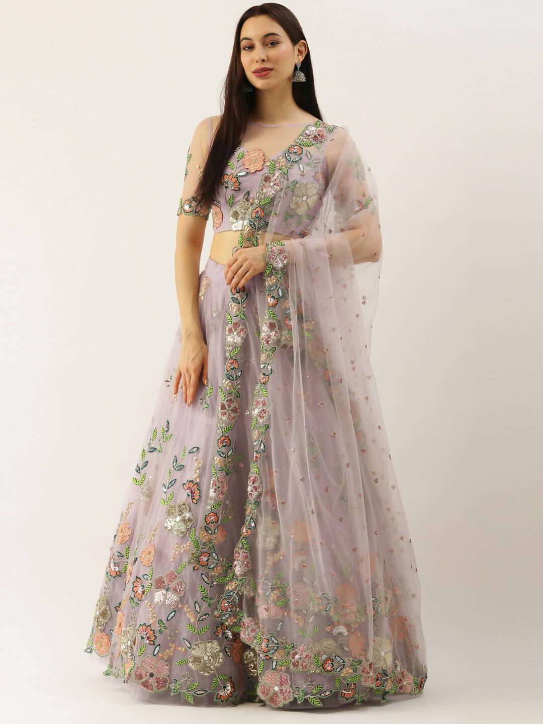 House of Panchhi Lavender - Net Embroidered Sequence Lehenga | Swadesiicart