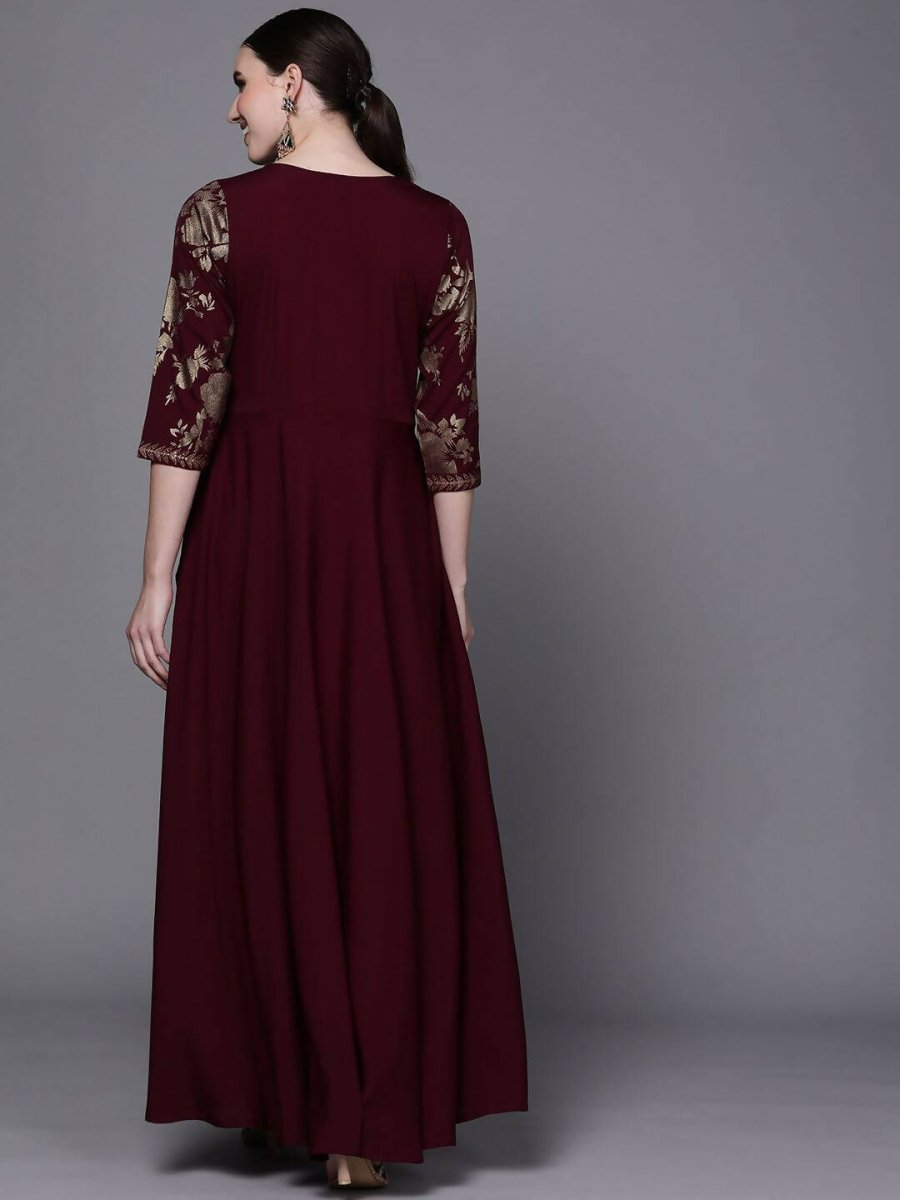 Ahalyaa Women Burgundy Floral Fit & Flare Maxi Ethnic Dress | Swadesiicart