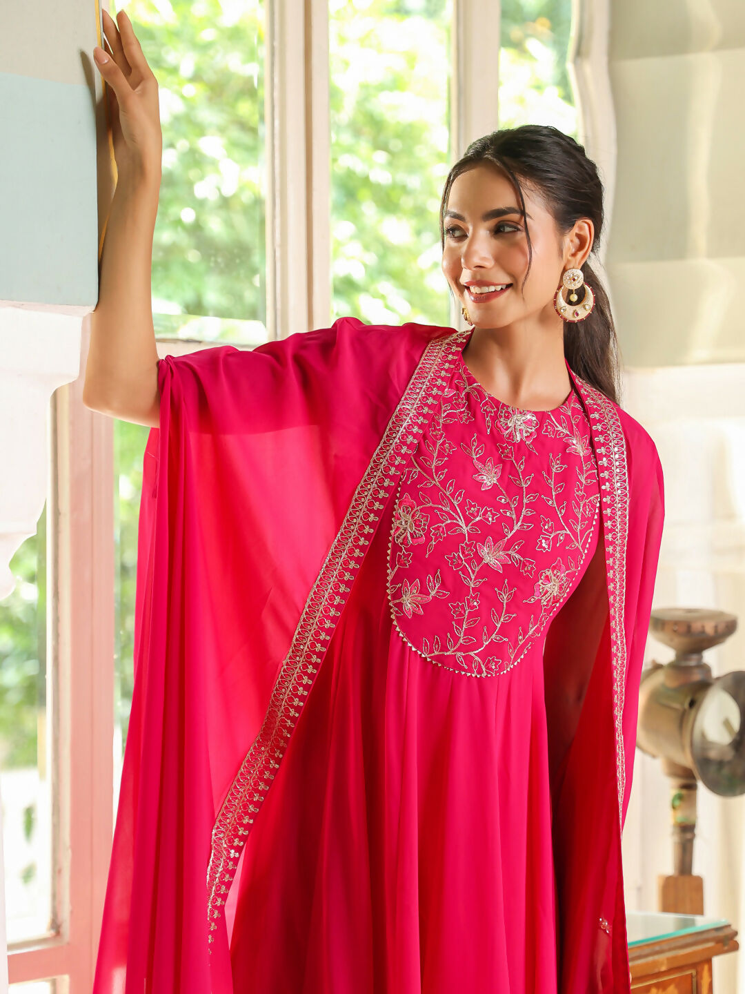 Janasya Pink Georgette Embroidered Dress & Cape | Swadesiicart
