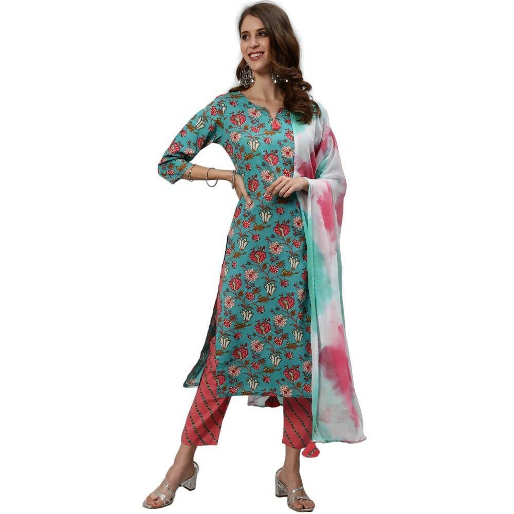 Anubhutee Women's Cotton Regular Floral Printed Green Kurta Set | Swadesiicart