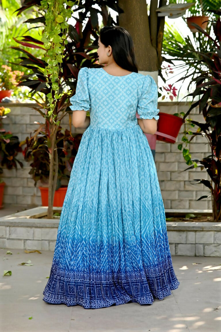 Jyoti Fashion Women's Sky Blue Bandhej Print with Crush Pleating Muslin Anarkali Dress | Swadesiicart