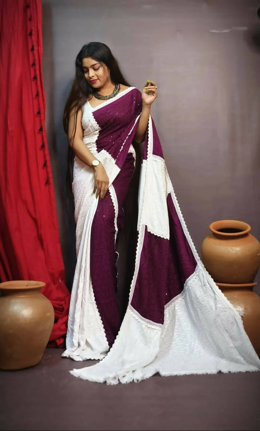 Exclusive Collection Chikankari Sequence Saree - White & Purple - Swadesiicart