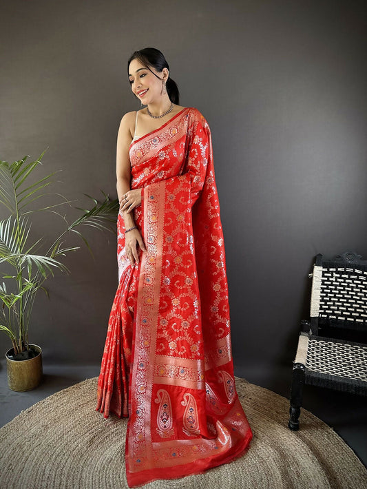 Joban Fashion Red Meenakari Banarasi Silk Sarees | Swadesiicart