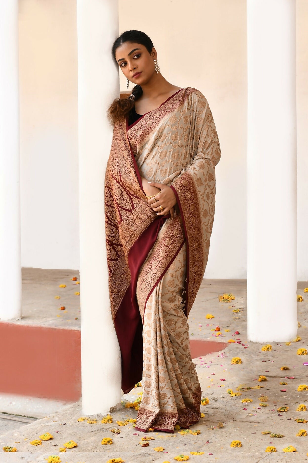 Joban Fashion Crème Crepe Chiffon Pure Handloom Banarasi Silk Saree | Swadesiicart