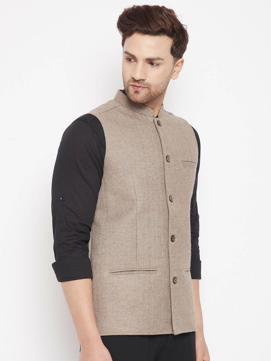 Even Apparels Beige Wool Men Woven Nehru Jacket | Swadesiicart