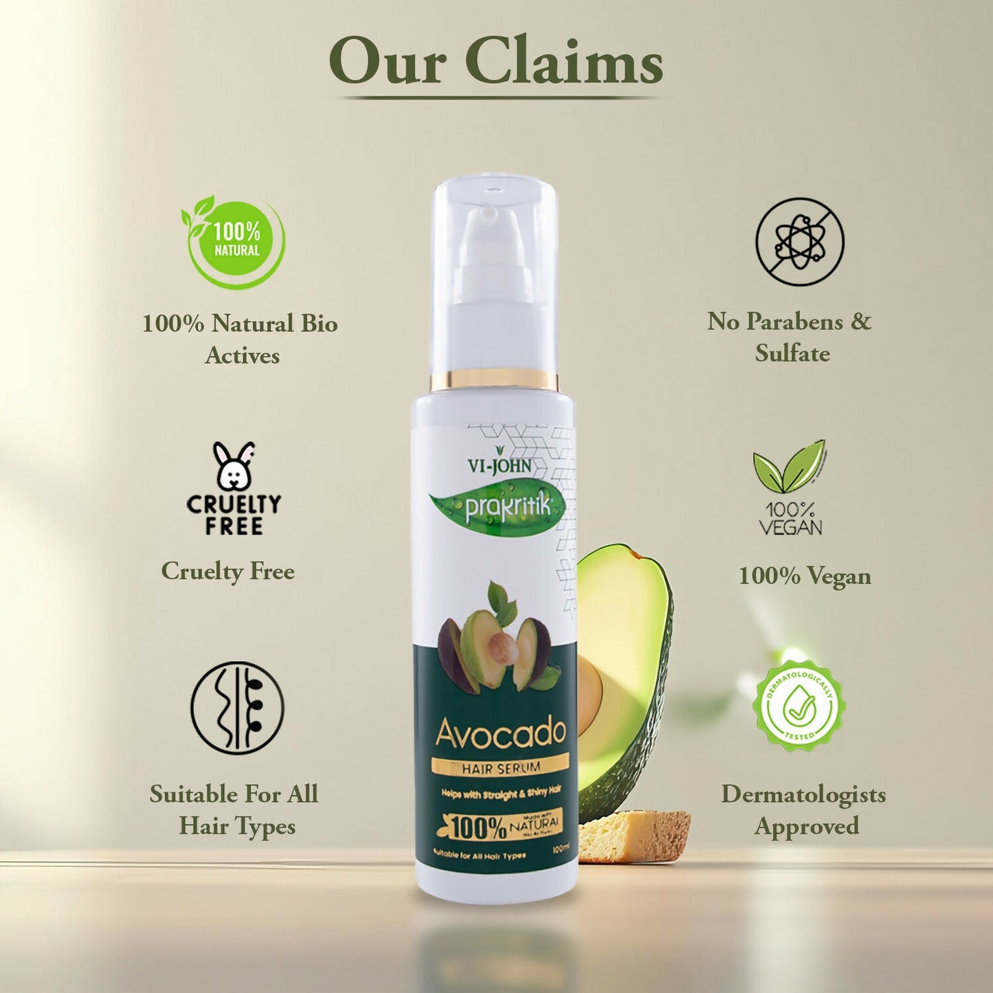 VI-JOHN Prakritik Avocado Hair serum Prevents dryness & Adds shine, 100% Natural Bio-Actives | Swadesiicart